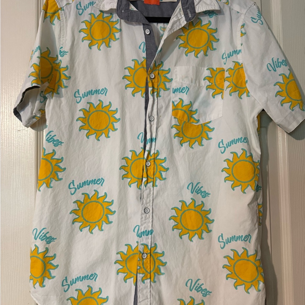 Free Planet Yellow and White Casual Button Down Shirt with Sunburst Design